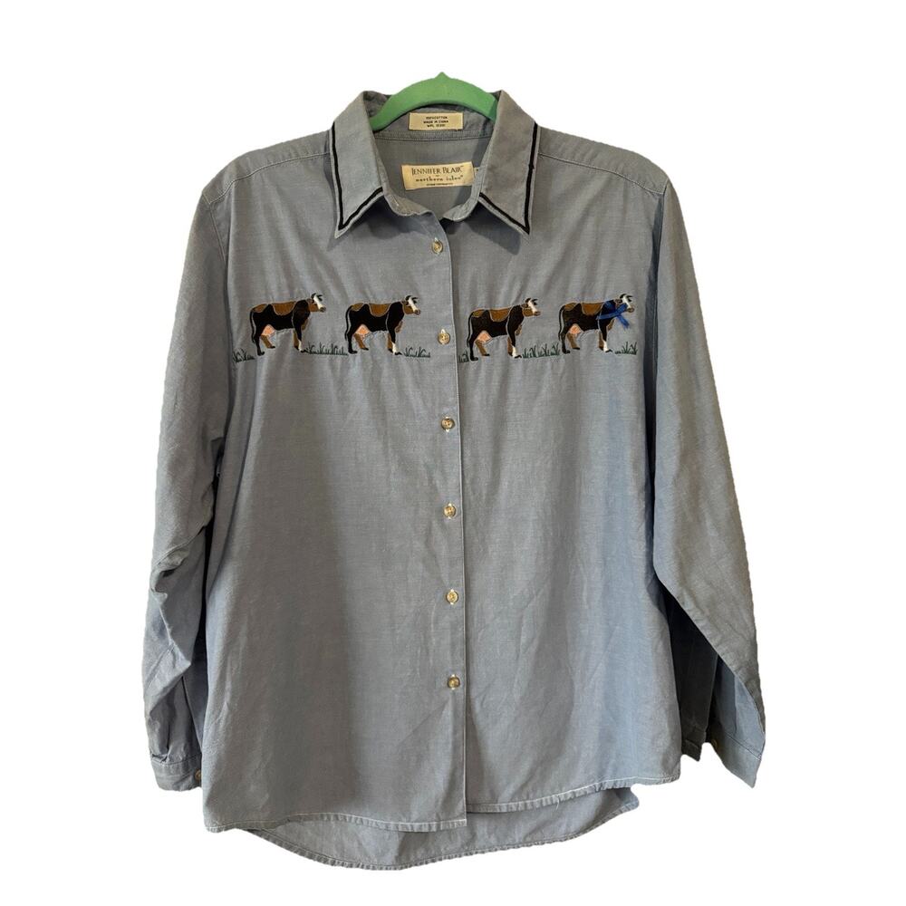 Jennifer Blair Northern Isles Shirt • Embroidered Cows • Chambray Blue • Size 12